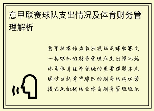 意甲联赛球队支出情况及体育财务管理解析