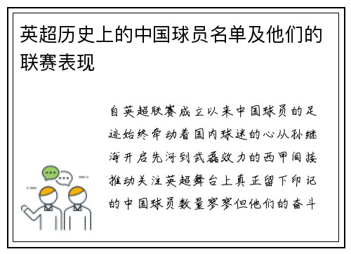 英超历史上的中国球员名单及他们的联赛表现